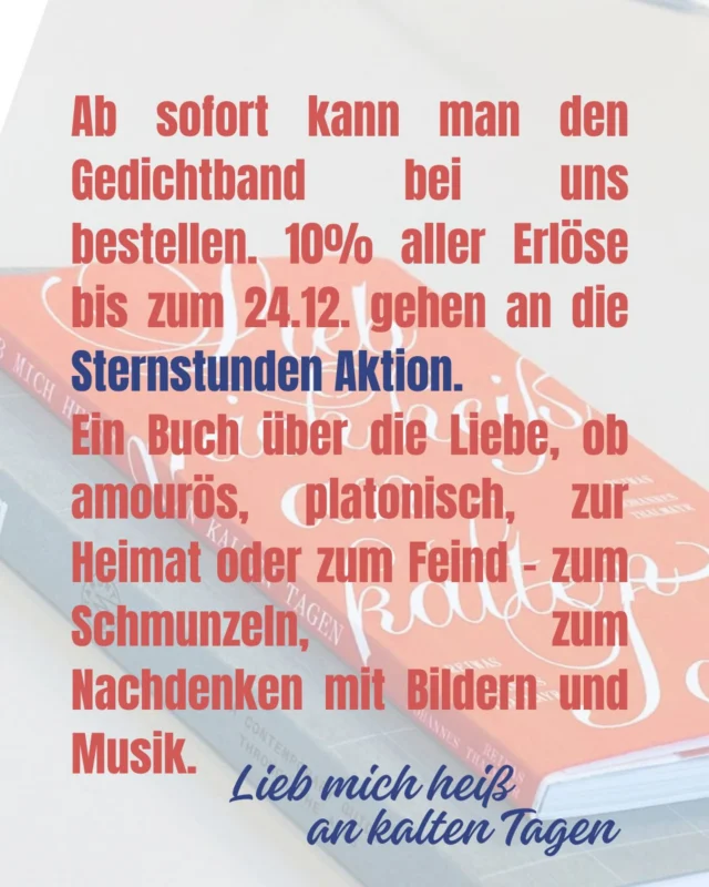 Ab sofort bestellbar!
Der neue Gedichtband für die kalten Tage mit Lyrik von Johannes Thalmayr, Illustrationen von Katharina Bourjau, Musik von REIWAS und wunderbarem Artwork von Mathias Leidgschwendner ist da.
Das Buch kann ab sofort käuflich erworben werden, dabei gehen 10% der Erlöse an die Sternstunden Aktion!

Einfach mail an: info@reiwas-music.de, Nachricht in Instagram 
oder über unserem Shop auf der Website (Link in Bio).

In den nächsten Tagen werden wir für euch Stationen in München, Reichersbeuern, Hammerau, Ammersee und bei Buchläden einrichten. Wir informieren euch darüber!

@johannes_thalmayr 
@katharinabourjau 
@studio_mathias_leidgschwendner 
@sternstunden.ev